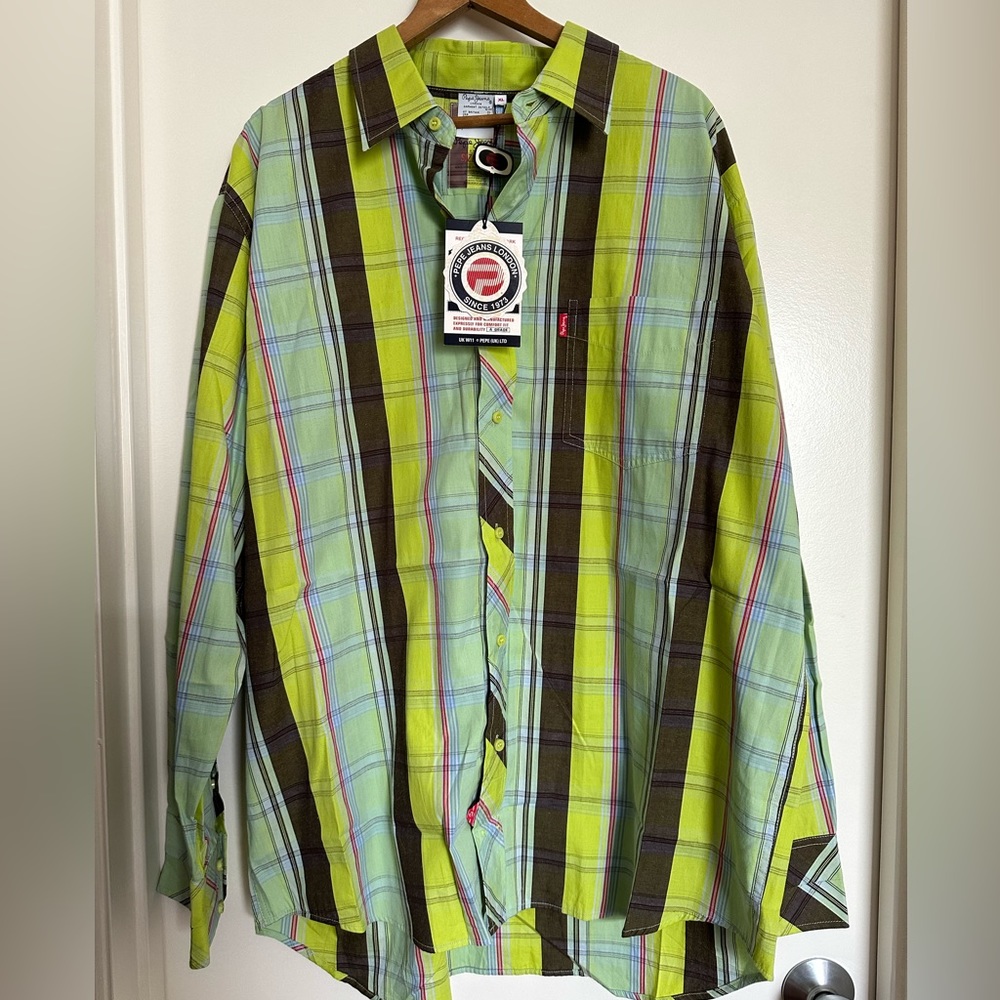 Vintage Pepe Jeans London NWT mens shirt plaid chartreuse green Orig Tags unworn